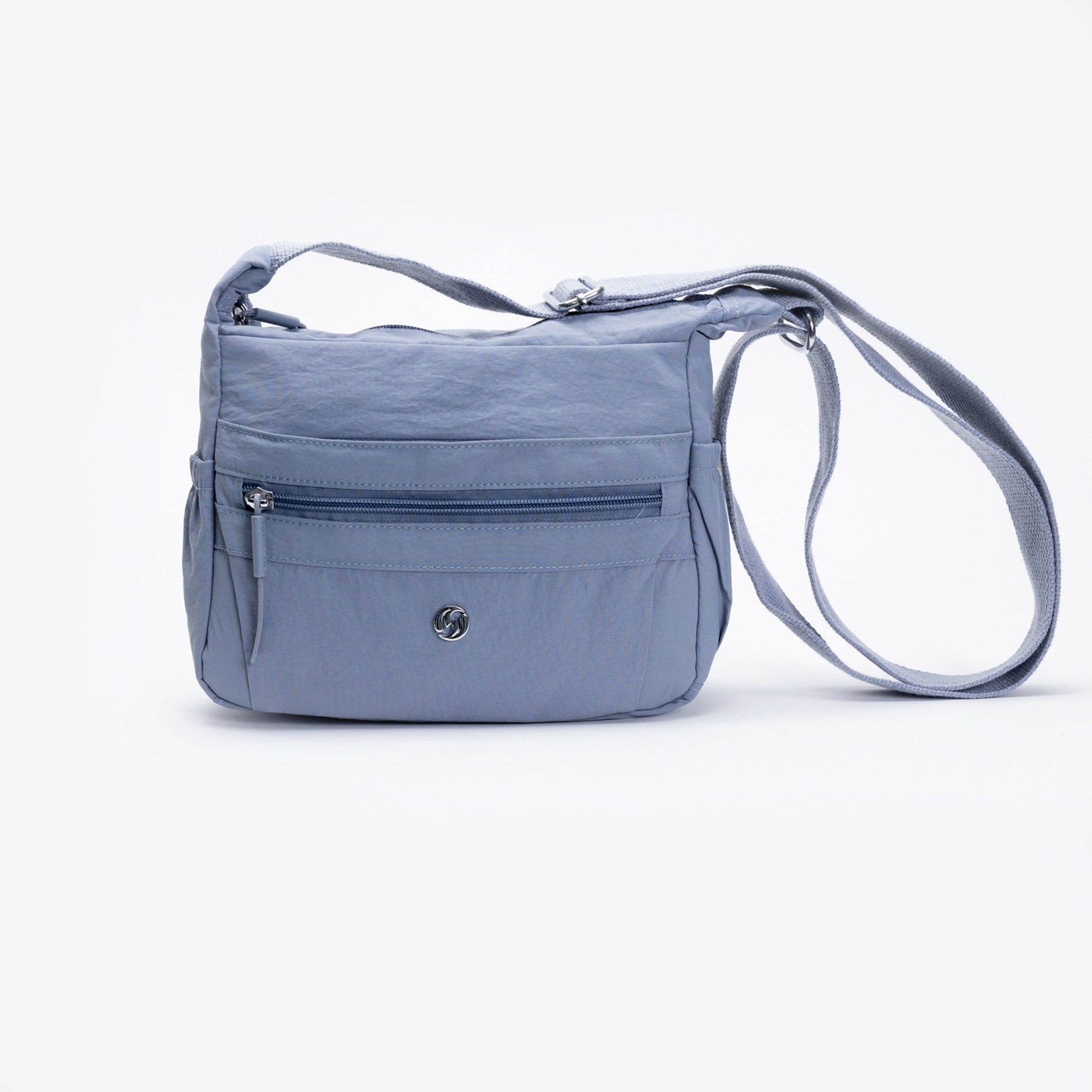 Miss Caprice Multi-zip Small Hobo Crossbody: light blue, multi pockets, adjustable strap—great for travel.