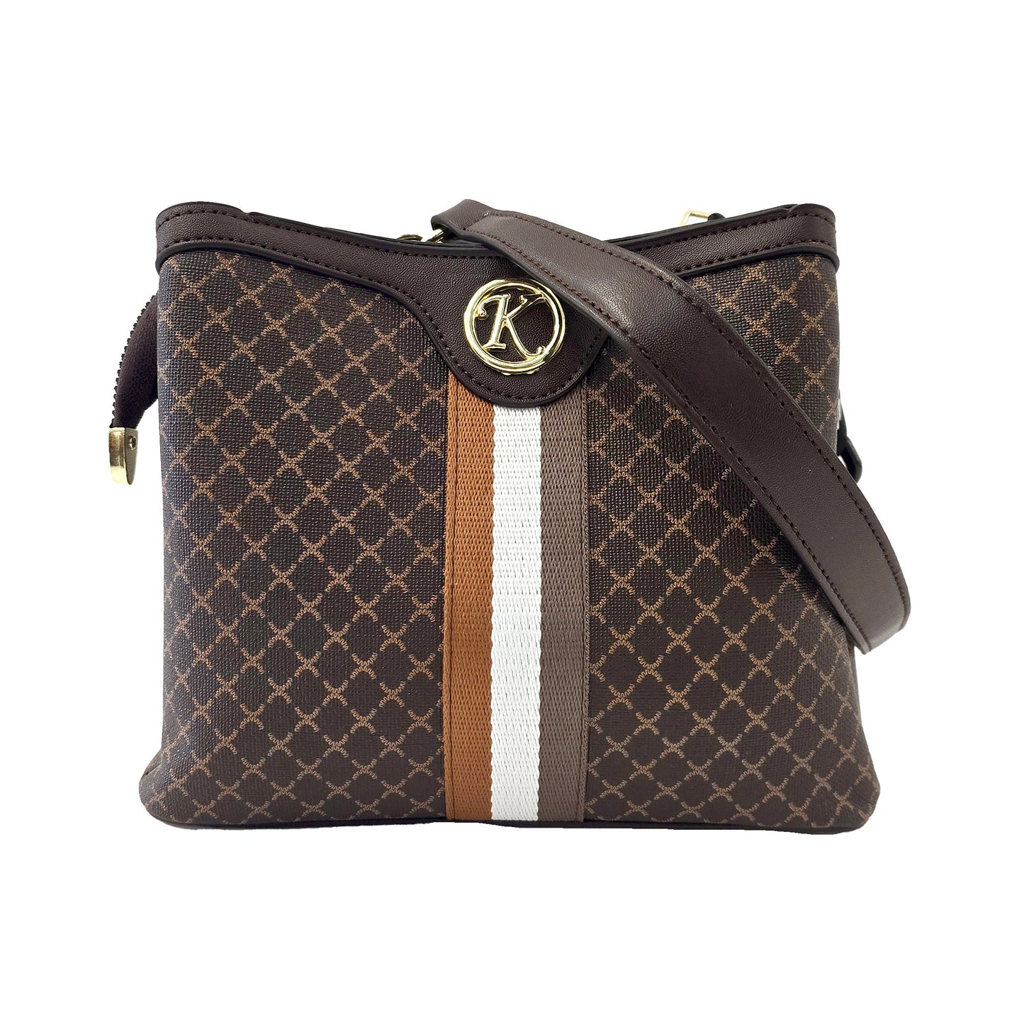 Miss Caprice Patterned Handbag in brown features white/tan stripes and a gold logo on the front.