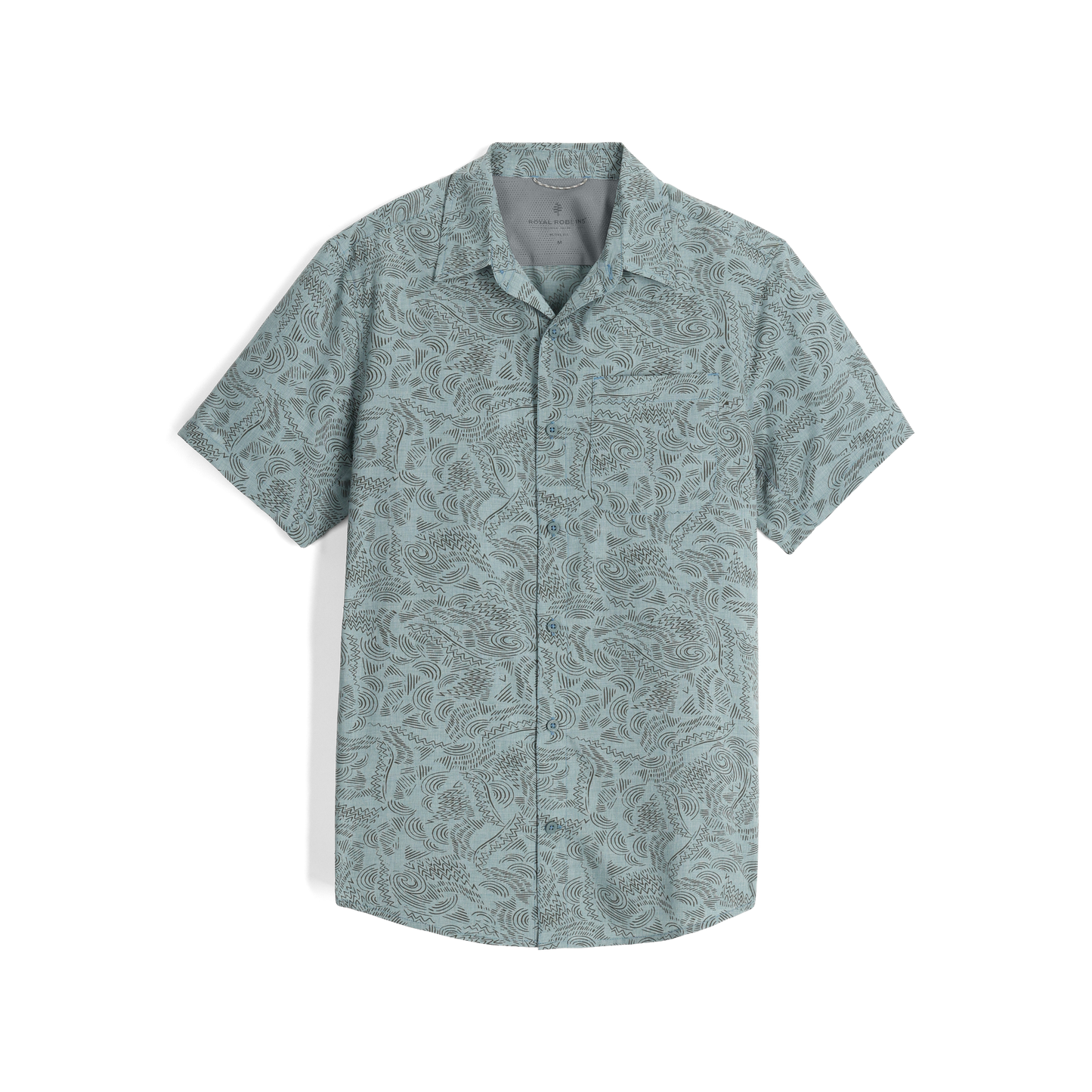 Royal Robbins Amp Lite II short-sleeve collared shirt, light slate heather river print, front view.