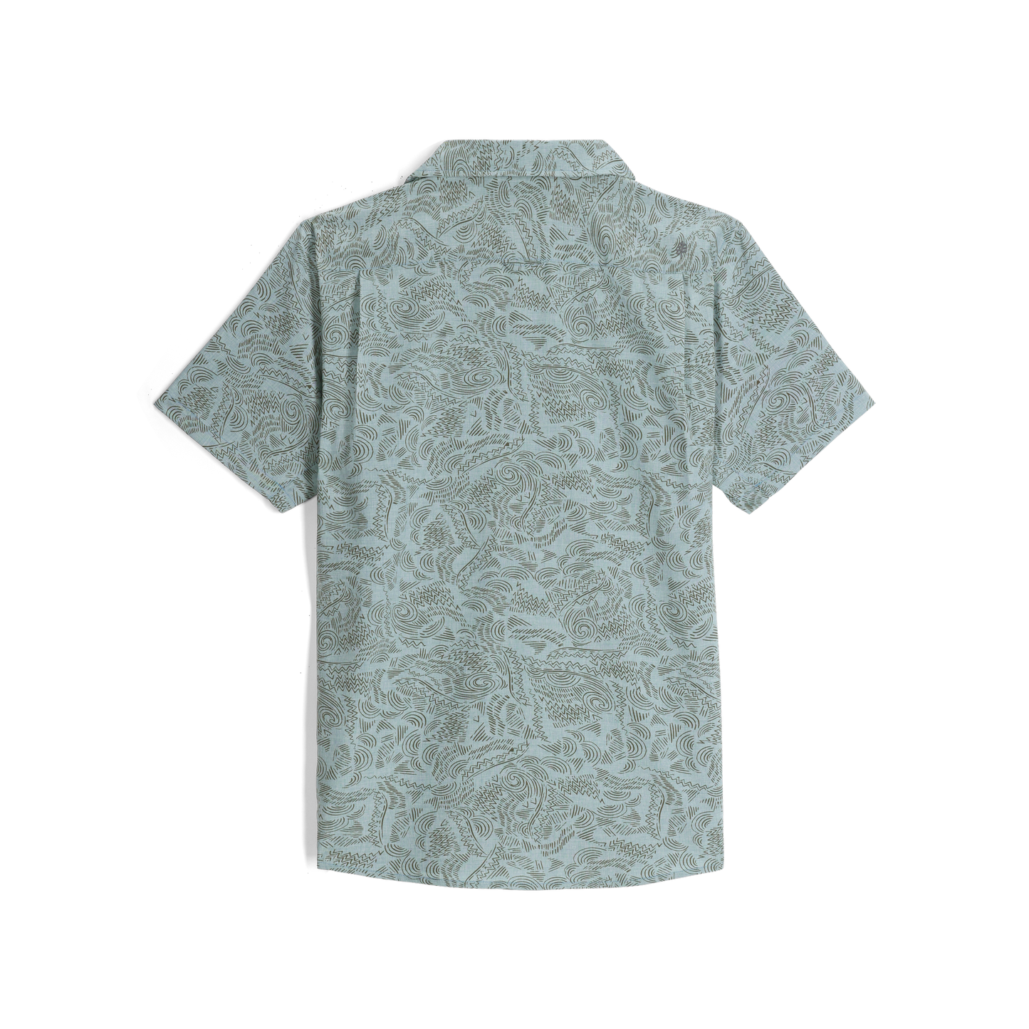 Royal Robbins Amp Lite II short-sleeve collared shirt, light slate heather river print, back view.