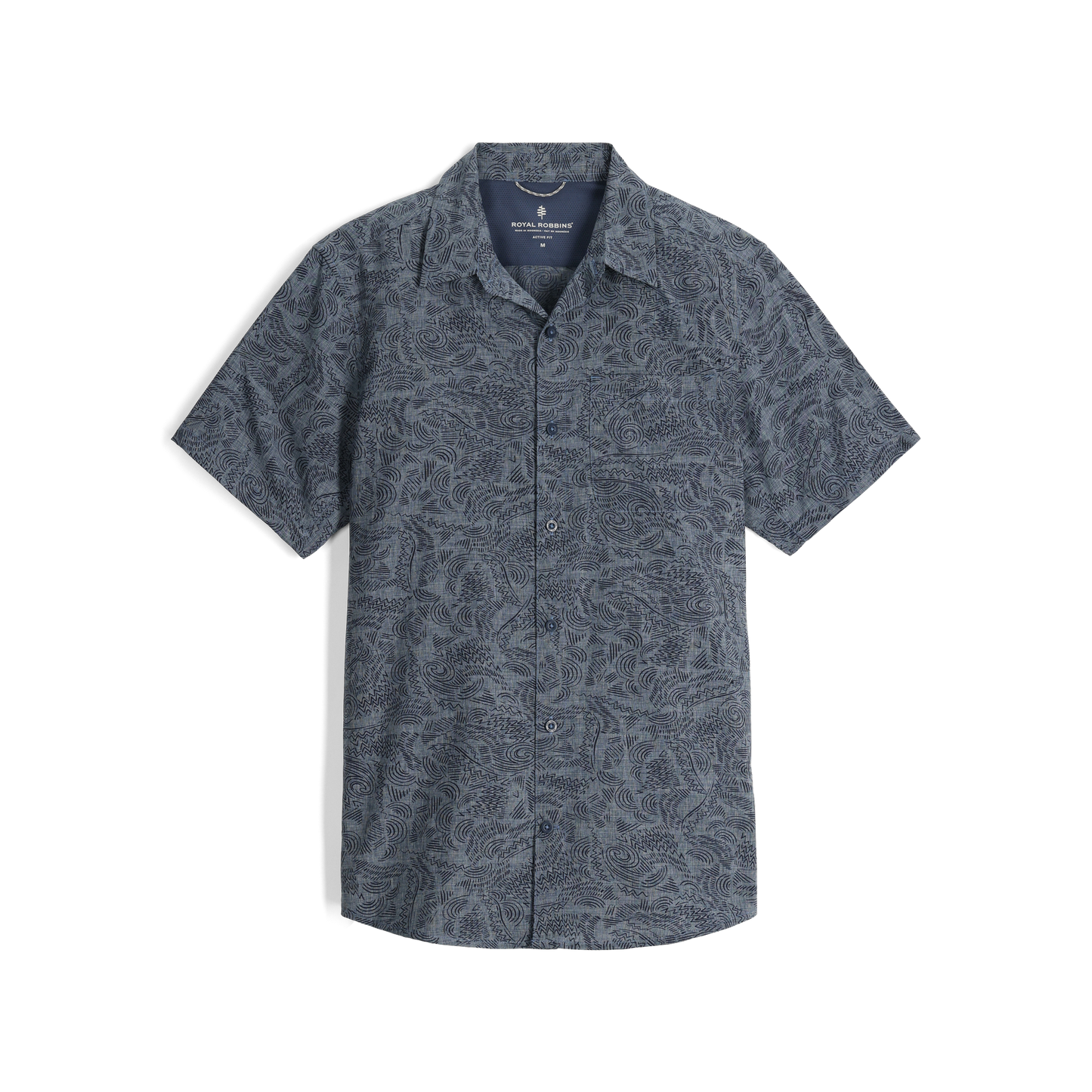 Royal Robbins Men's Amp Lite II short sleeve shirt in Deep Blue River print, front view.