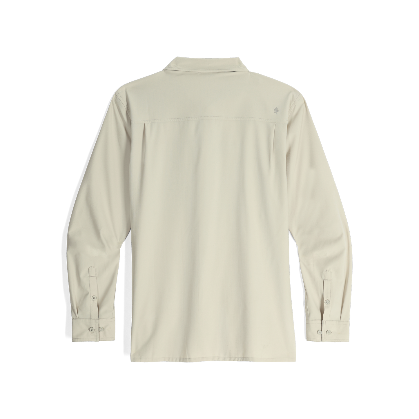 Royal Robbins Men's Expedition III Long Sleeve Shirt in sandstone, made of recycled poly fabric, shown from the back.