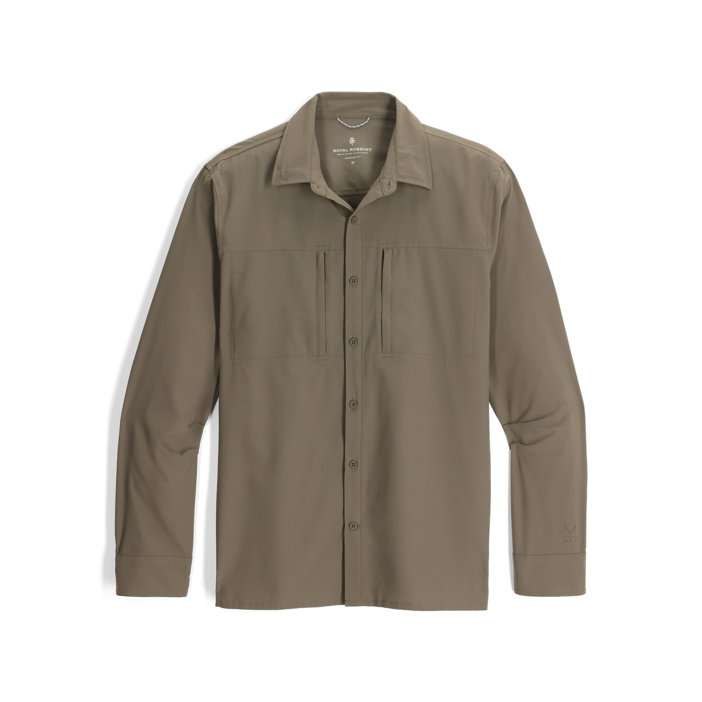 Royal Robbins Men's Expedition III Long Sleeve: Everglade green colour recycled poly shirt, chest pockets, front view.