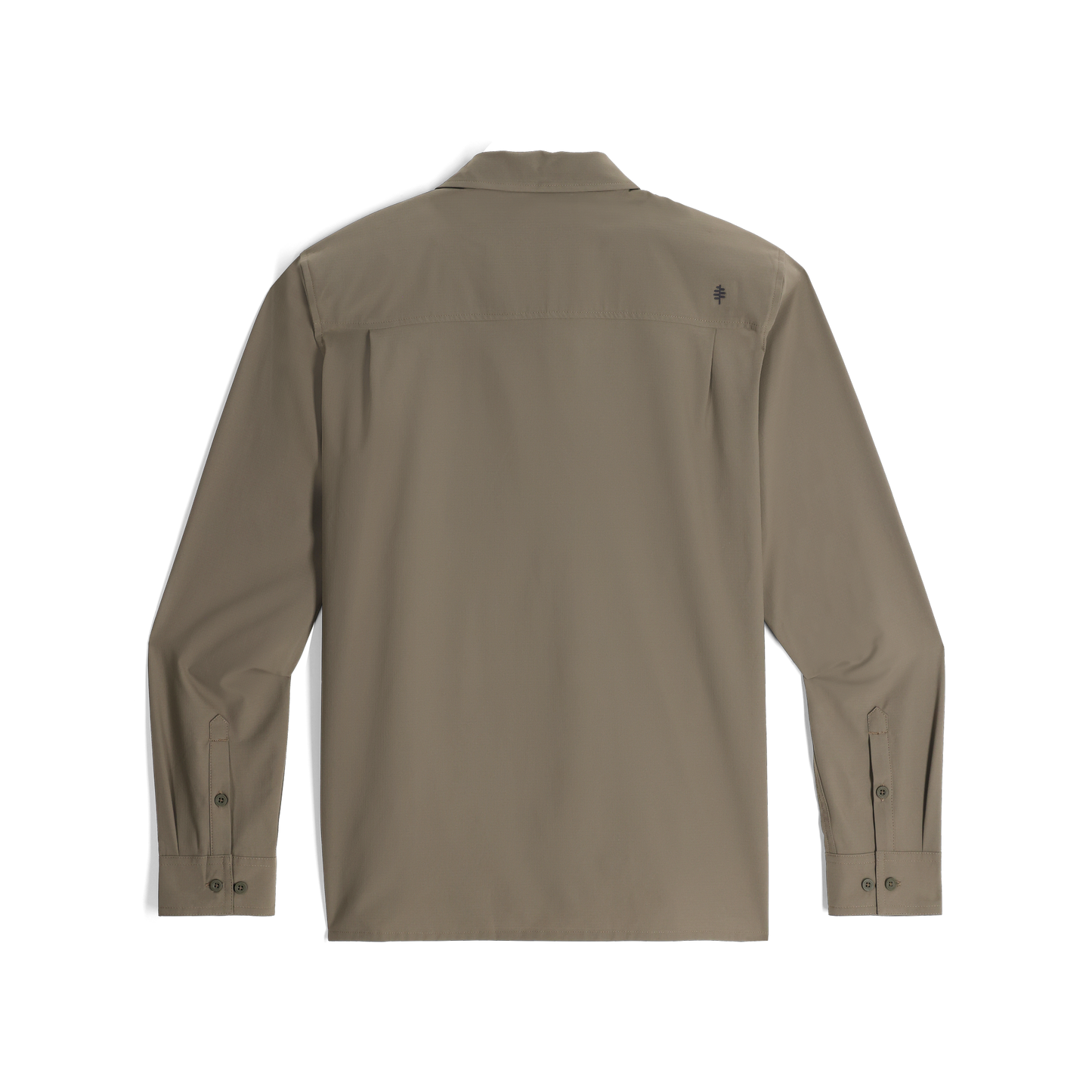 Royal Robbins Men's Expedition III Long Sleeve shirt in everglade colour with cuffs and an embroidered logo, shown from the back.