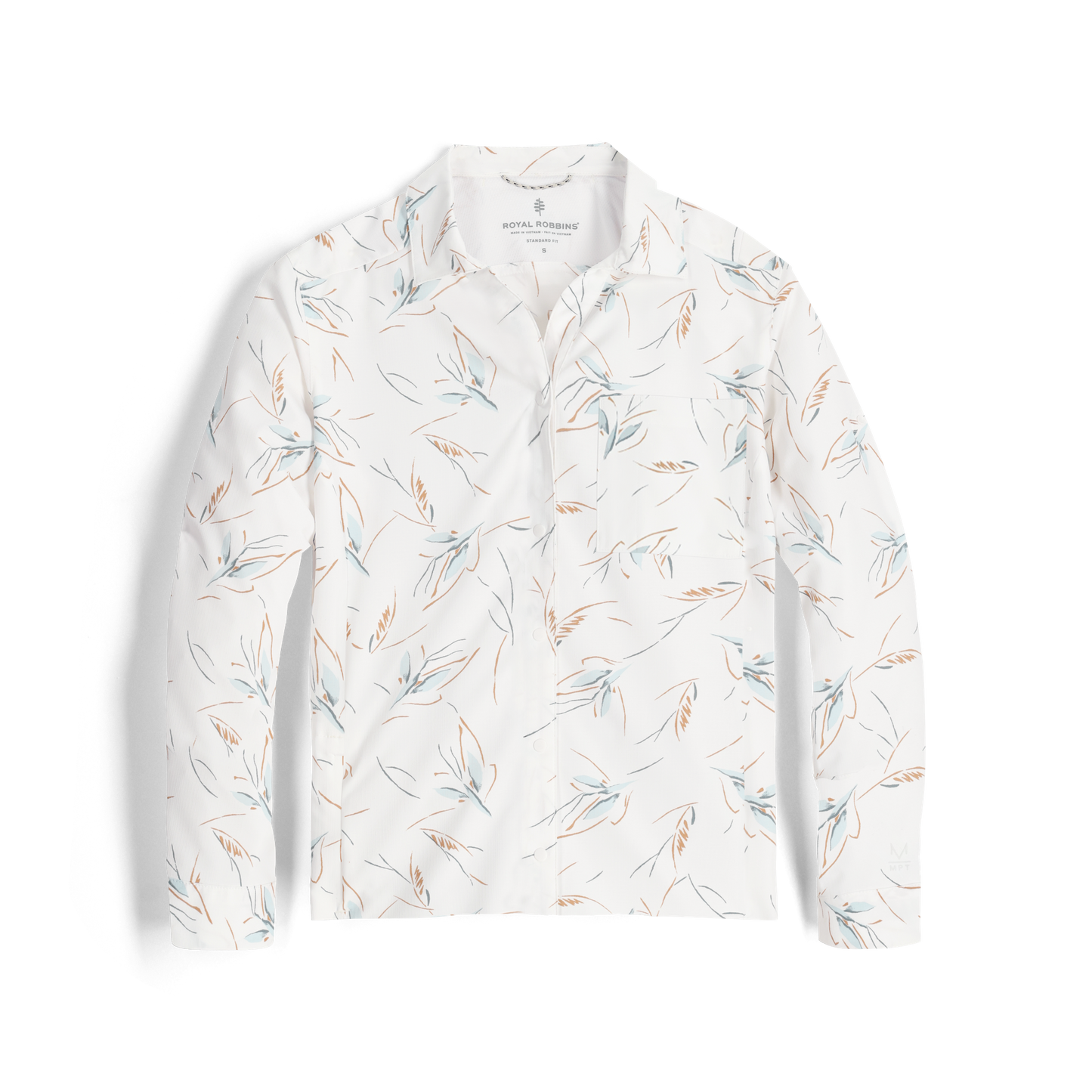 Women's Expedition III Long Sleeve by Royal Robbins: White shirt with blue/brown leaf pattern on recycled poly fabric.