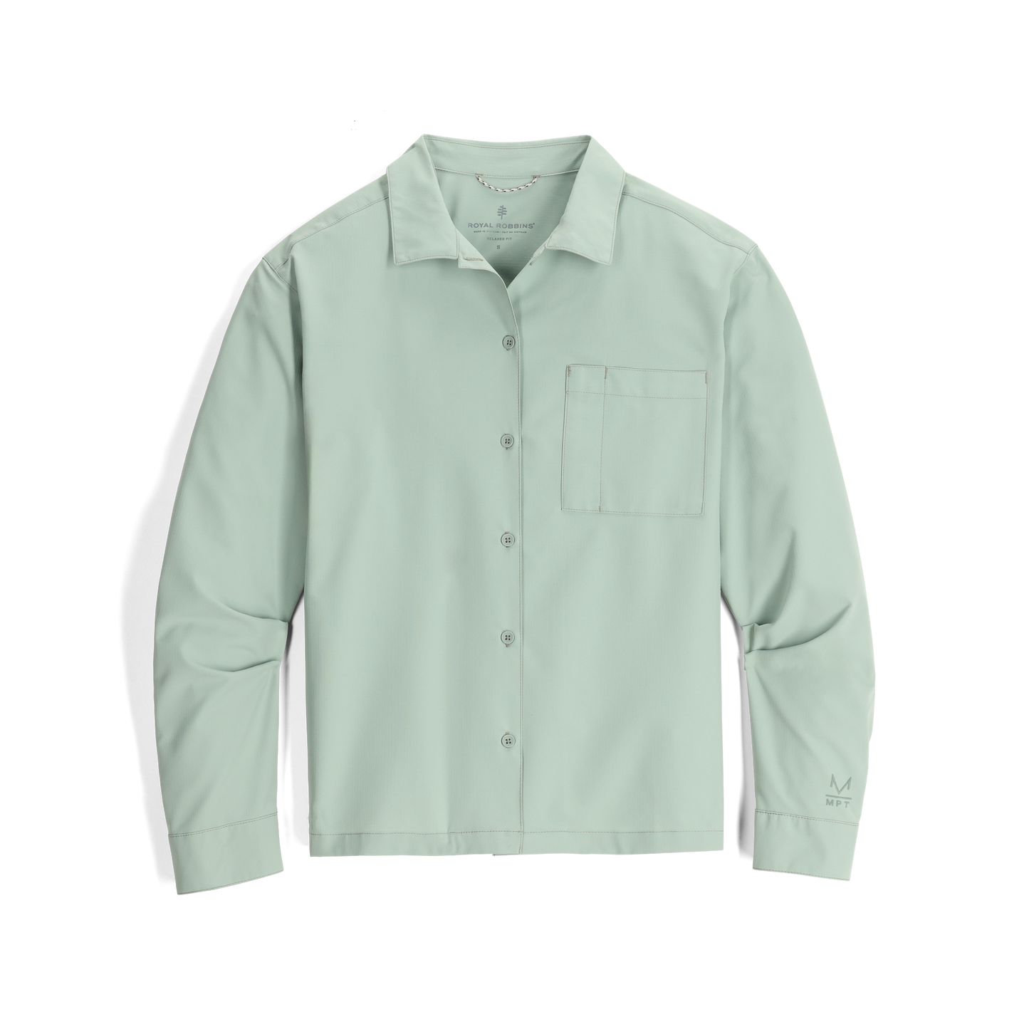 Sage green Royal Robbins Women's Expedition III Long Sleeve, recycled poly fabric, with chest pocket.