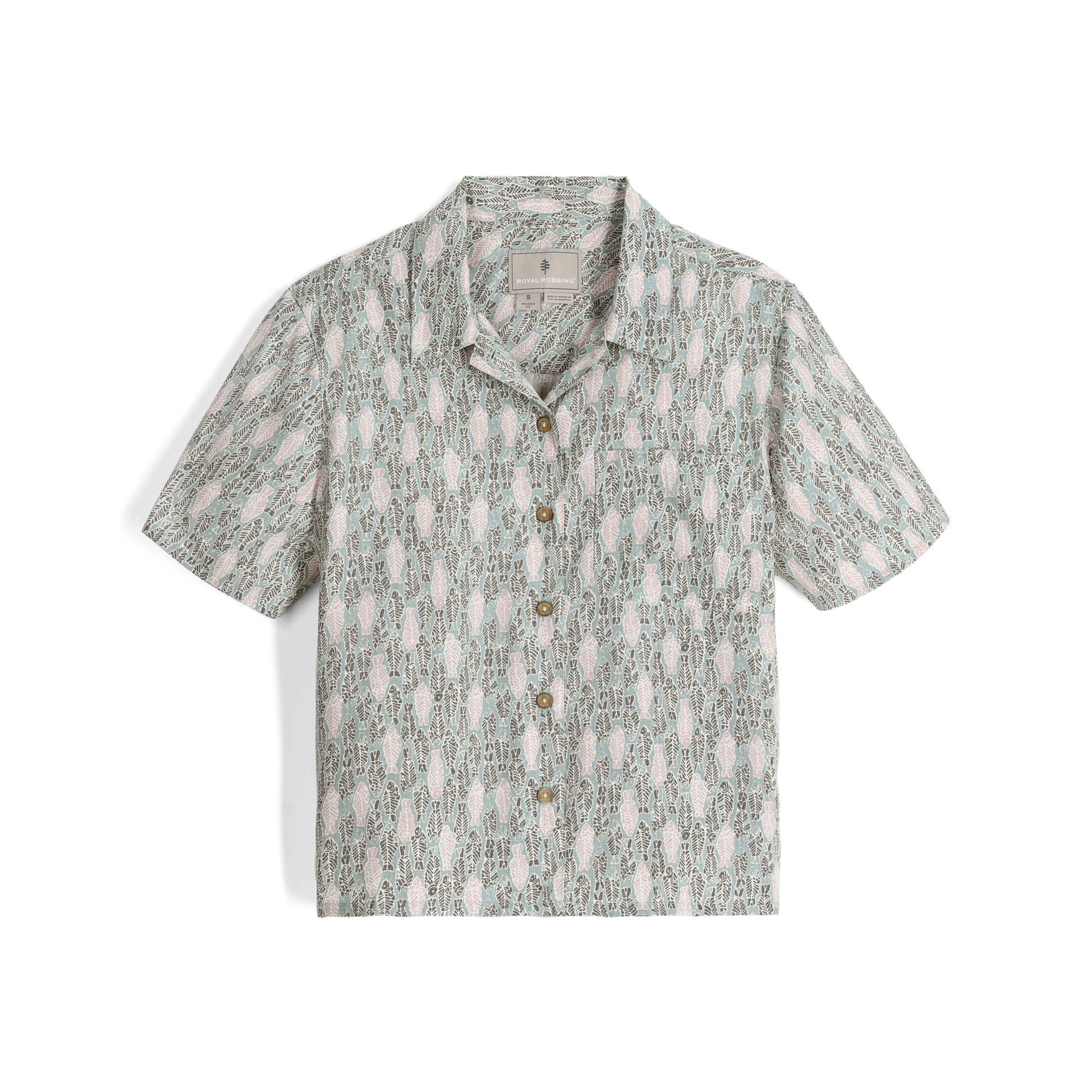 Women's Camino Pucker Short Sleeve shirt by Royal Robbins in sage leaf fish print, a light blue and white abstract pattern, front view.