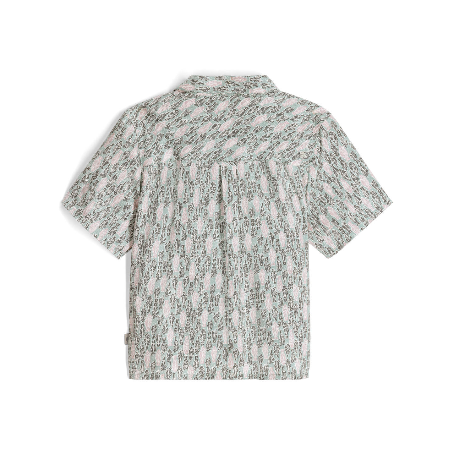 Women's Camino Pucker Short Sleeve shirt by Royal Robbins in sage leaf fish print, a light blue and white abstract pattern, back view.