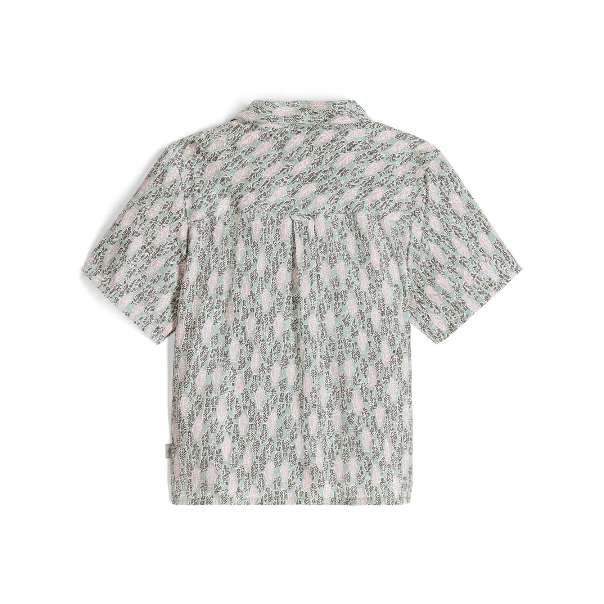 Women's Camino Pucker Short Sleeve shirt by Royal Robbins in sage leaf fish print, a light blue and white abstract pattern, back view.
