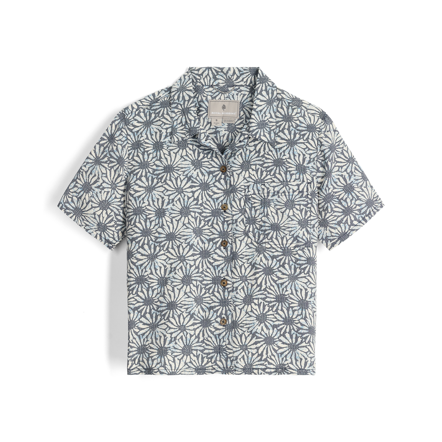 Royal Robbins Women's Camino Pucker short-sleeve shirt in deep blue caledonia print: blue and white floral, front view.