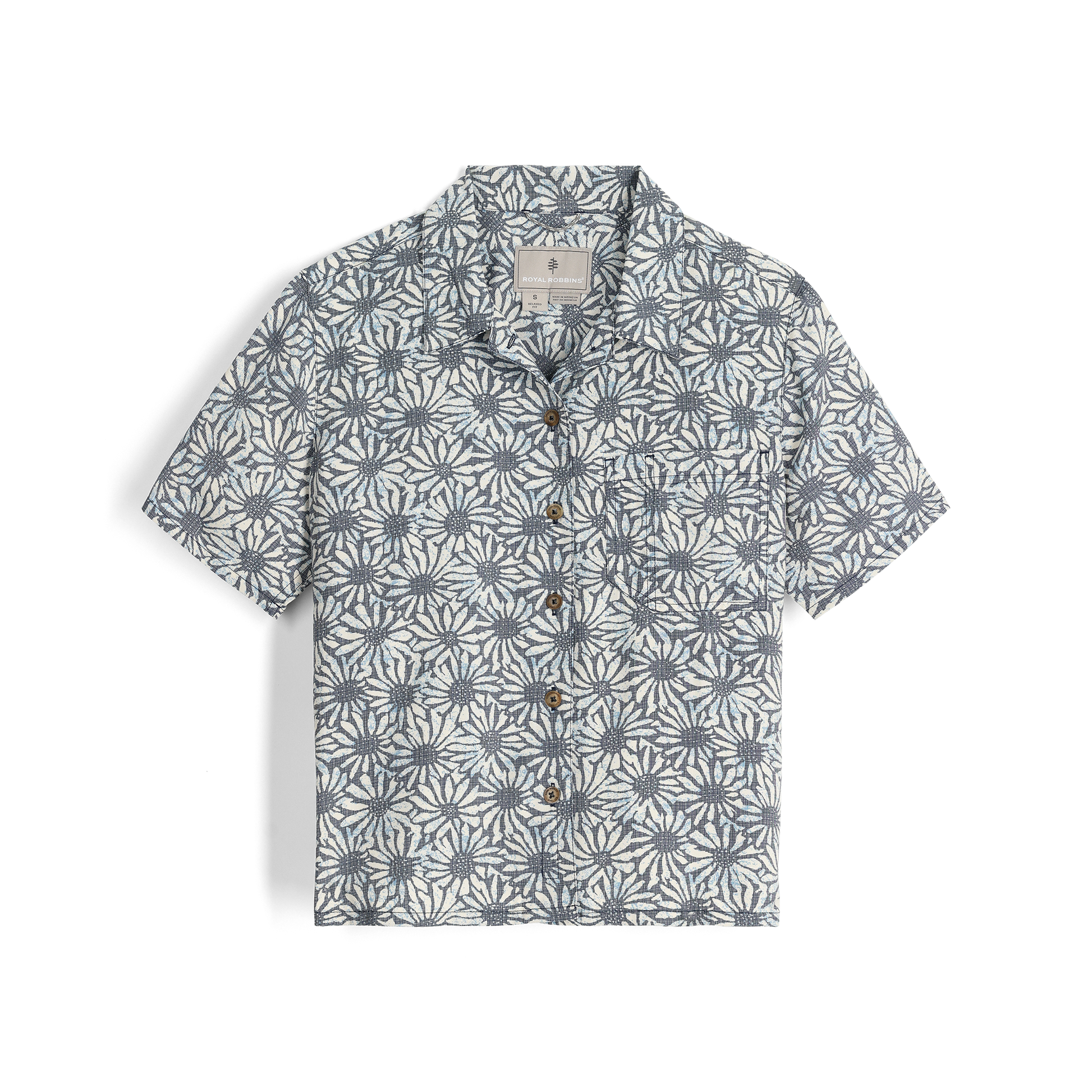 Royal Robbins Women's Camino Pucker short-sleeve shirt in deep blue caledonia print: blue and white floral, front view.