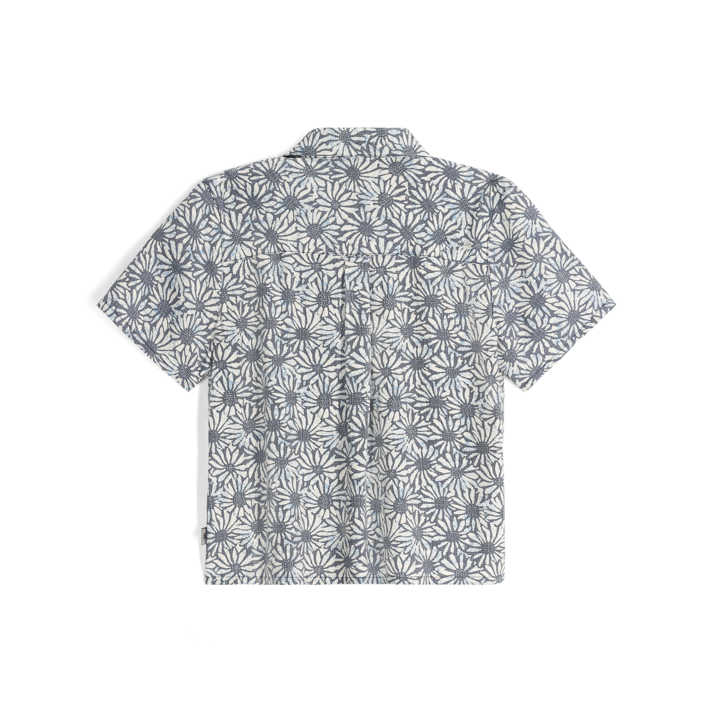 Royal Robbins Women's Camino Pucker short-sleeve shirt in deep blue caledonia print: blue and white floral, back view.