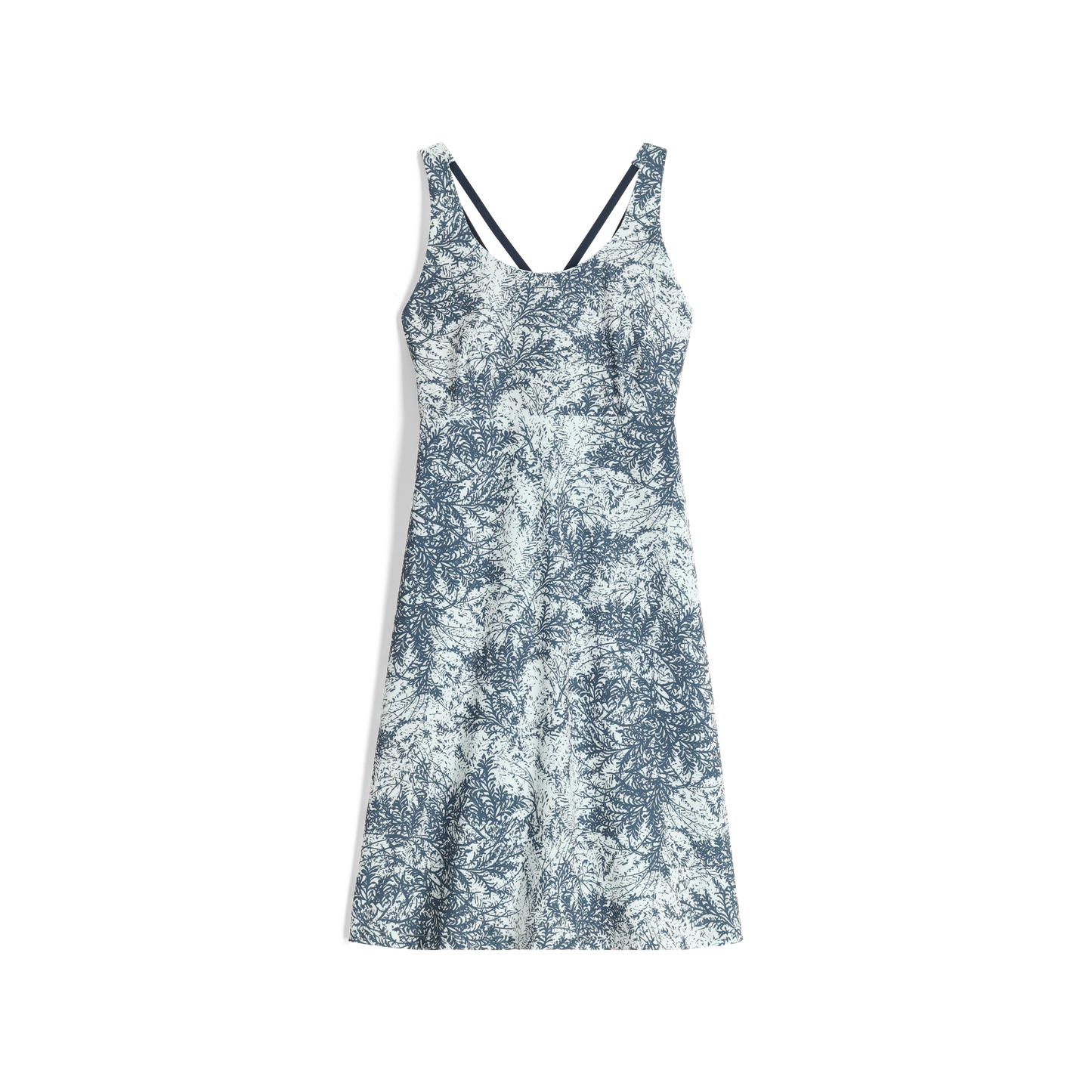 Adventure-ready, the Royal Robbins Women's Spotless Evolution Tank Dress in Pacific Blue Fern Print has a floral design.