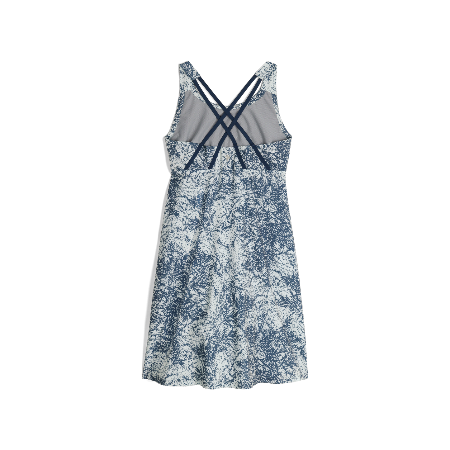 Back view of the Royal Robbins Women's Spotless Evolution Tank Dress: Sleeveless with blue/white floral and back crisscross straps.