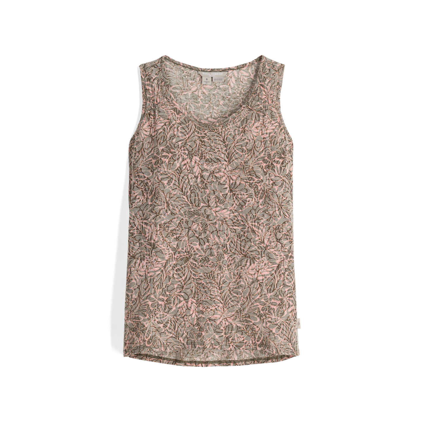 Royal Robbins Women's Featherweight Tank, front view of dark olive yarrow, floral burnout print, sleeveless with round neckline.