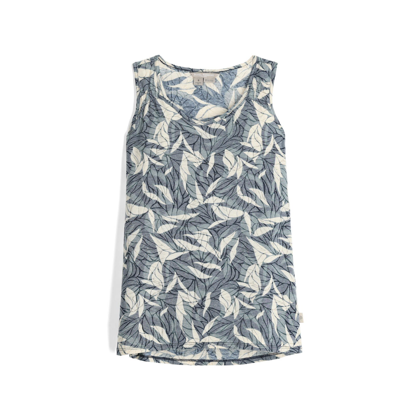 Royal Robbins Women's Featherweight Tank: Sleeveless cotton blend with deep blue and white leaf burnout print.