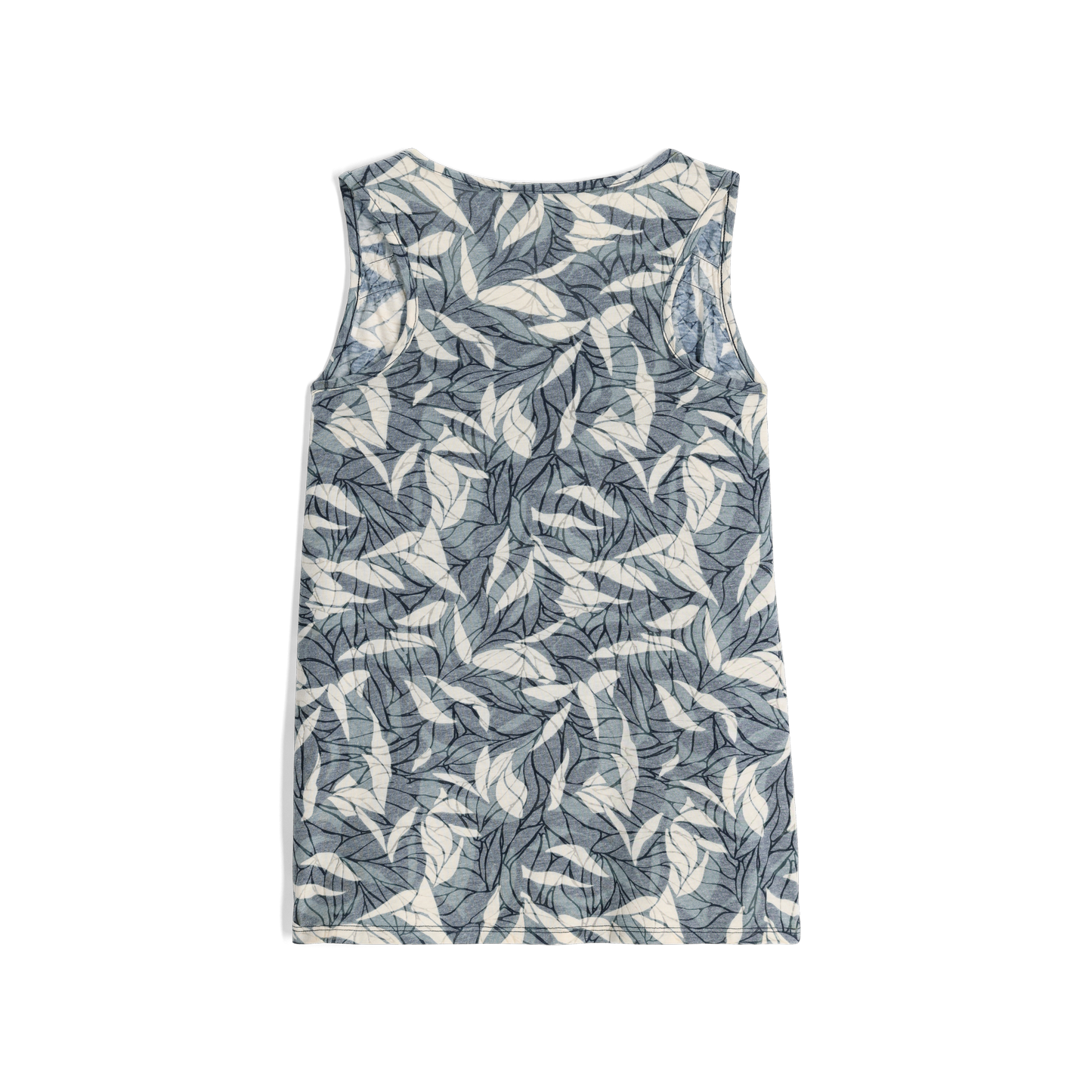 Back view of Royal Robbins Women's Featherweight Tank: Sleeveless cotton blend with deep blue and white leaf burnout print.