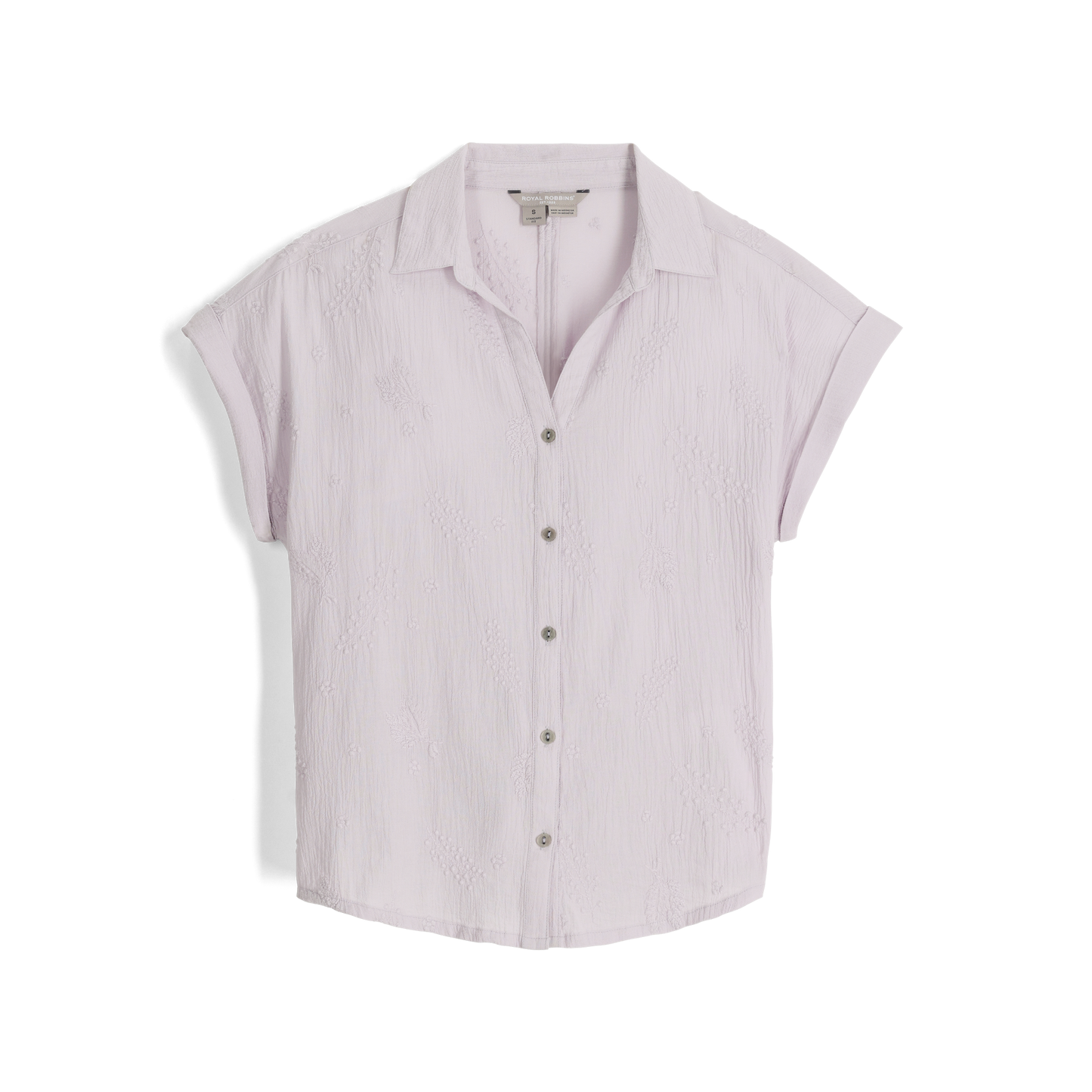 Royal Robbins Women's Oasis Short Sleeve, in thistle, light purple button-down in responsibly farmed cotton.