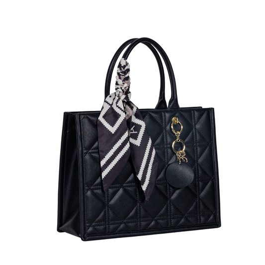 Product Image – Sayan Sayan Top Zip Handbag Tote with two handles, geometric scarf, and a gold keychain accessory.