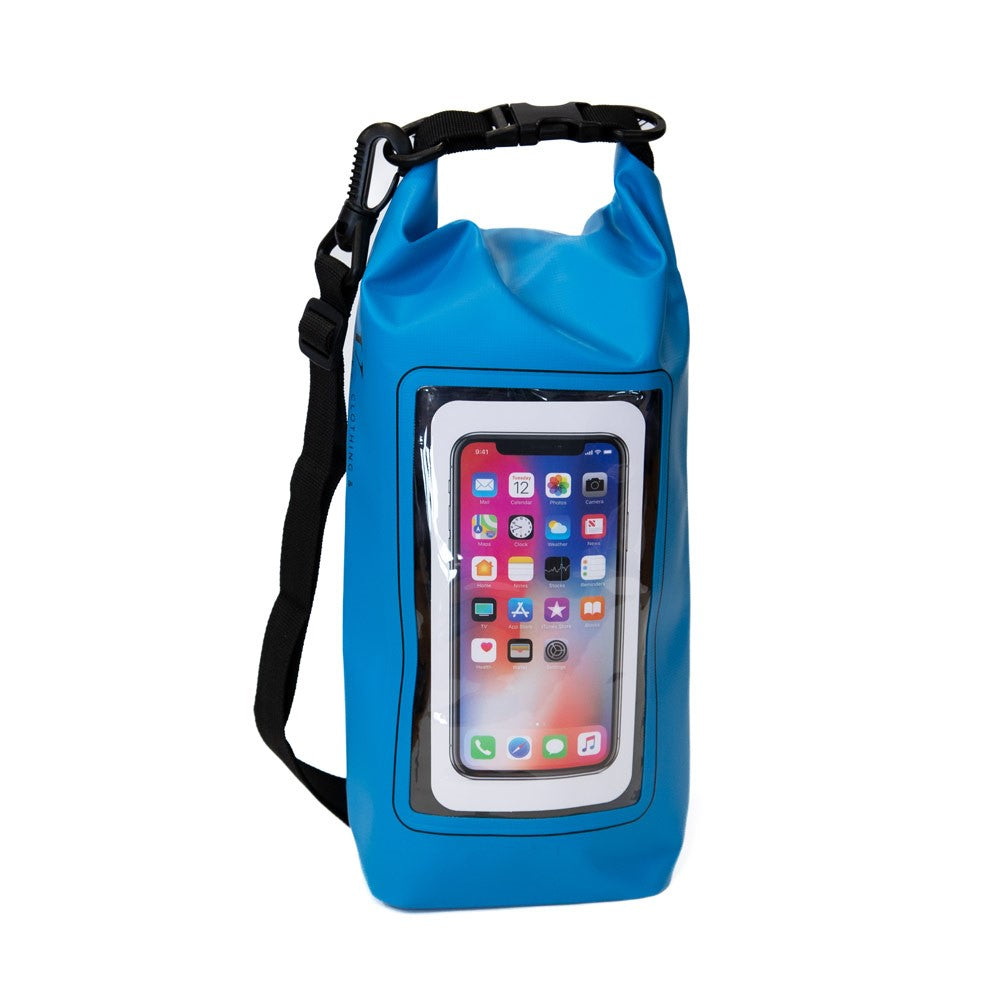 K5 Multifunctional 2L Waterproof Bag blue with a clear phone pocket—ideal for outdoor adventures.