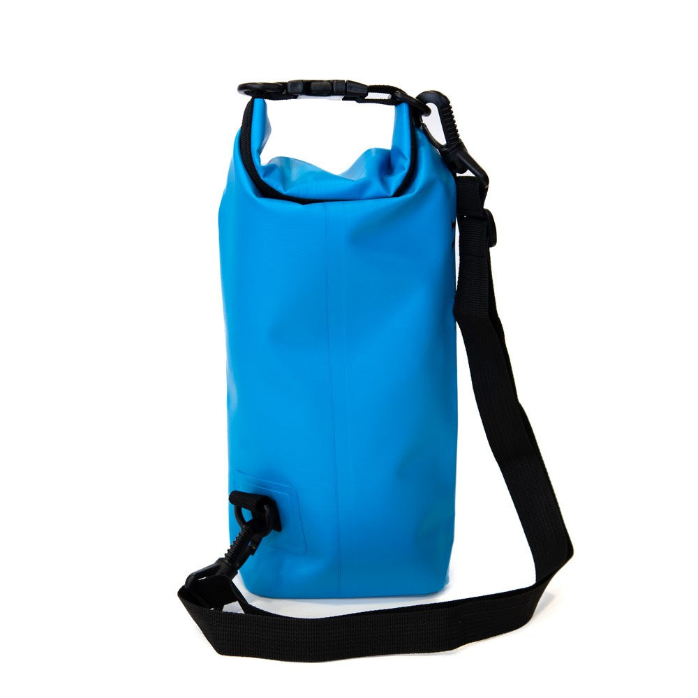 The K5 Multifunctional 2L Waterproof Bag in blue with black strap stands upright on white, ideal for outdoor adventures.