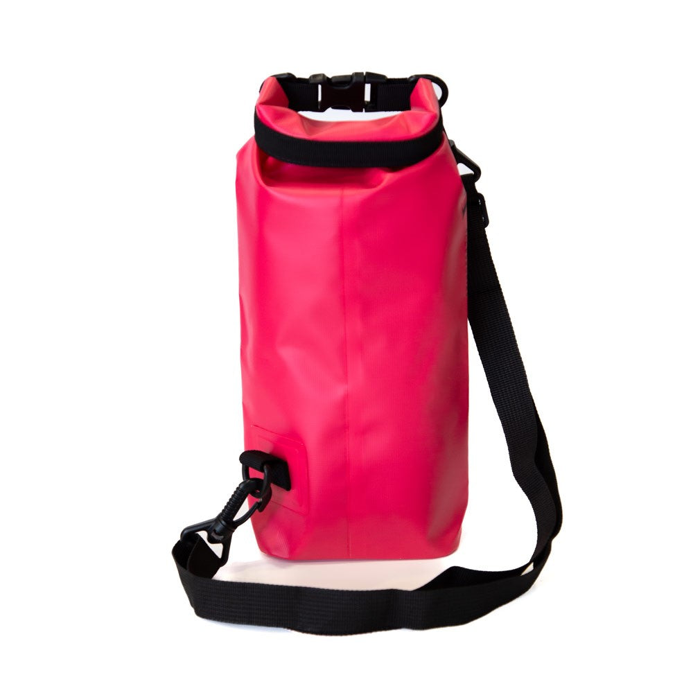 The K5 Multifunctional 2L Waterproof Bag in bright pink features a black adjustable strap for outdoor use.