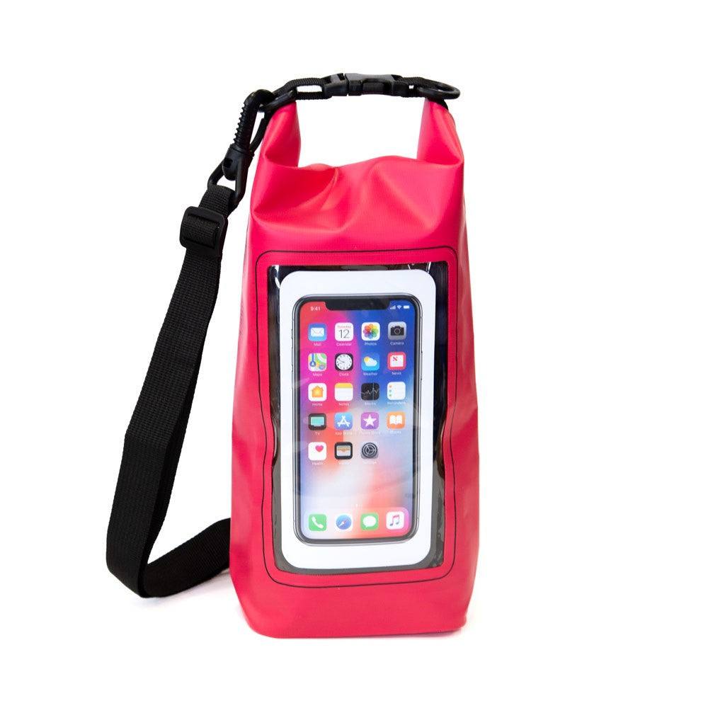 K5 Multifunctional 2L Waterproof Bag—hot pink with phone pocket and black strap, perfect for outdoor use.