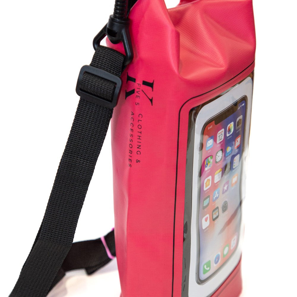 K5 Multifunctional 2L Waterproof Bag with black strap and phone pouch—ideal for outdoor adventures.