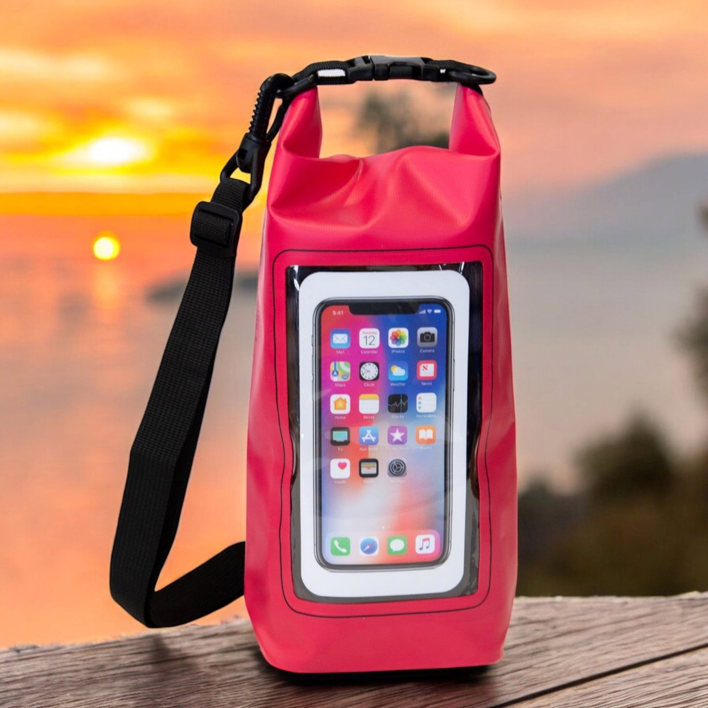 The K5 Multifunctional 2L Waterproof Bag keeps your phone safe—ideal for lake sunsets and outdoor adventures.