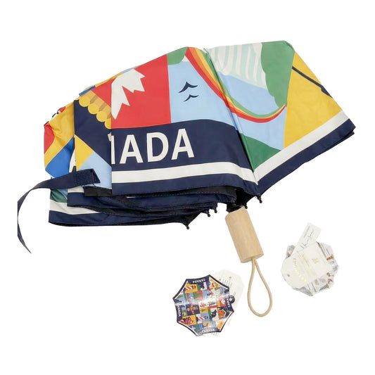 Product Image – Northern Icons Canada Heritage Icon Collage Folding Umbrella - closed view.