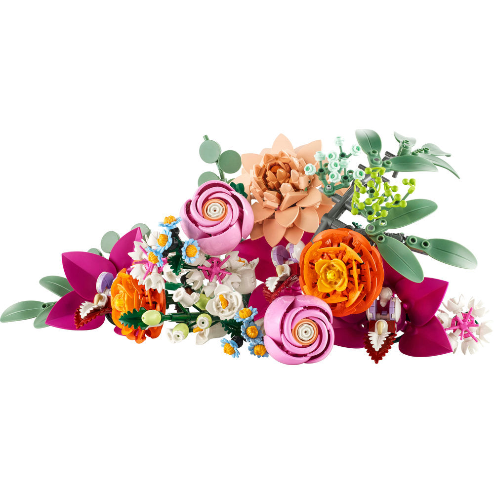 The LEGO® Pretty Pink Flower Bouquet features customizable roses, daisies, and green leaves.