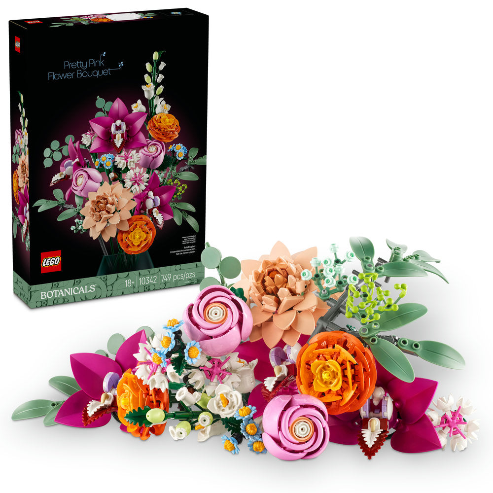 LEGO® Pretty Pink Flower Bouquet - ONLINE ONLY set displayed assembled with customizable LEGO flowers.