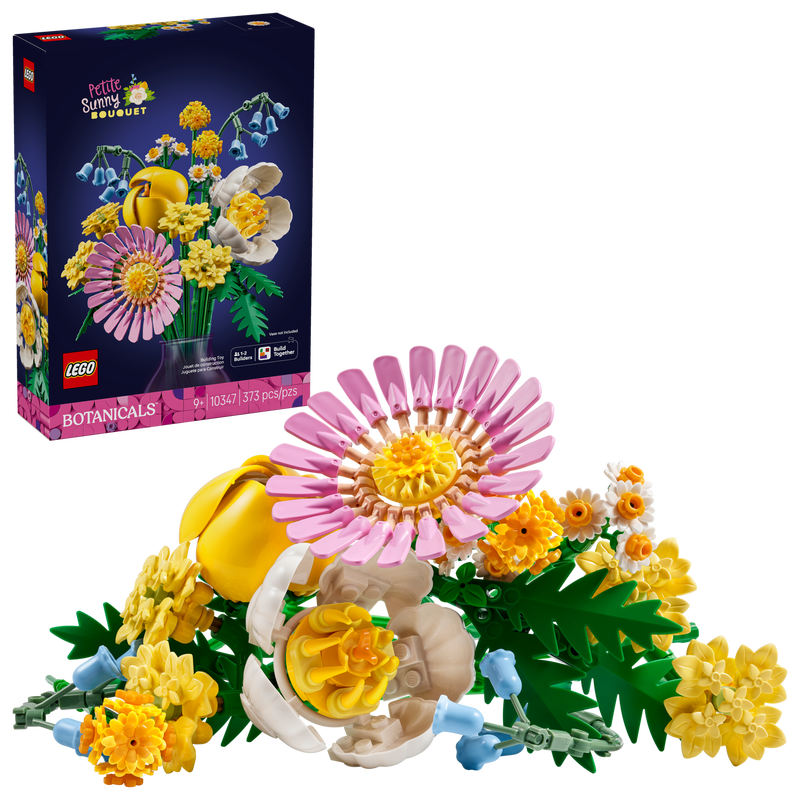 LEGO® Petite Sunny Bouquet set features vibrant brick flowers with the box shown in the background.