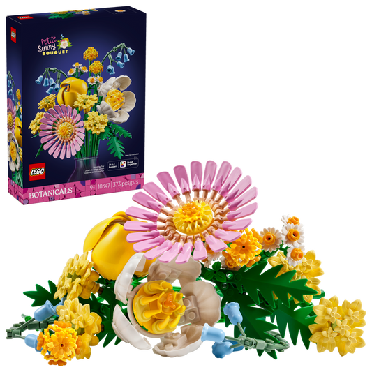 Product Image – LEGO® Petite Sunny Bouquet set features vibrant brick flowers with the box shown in the background.