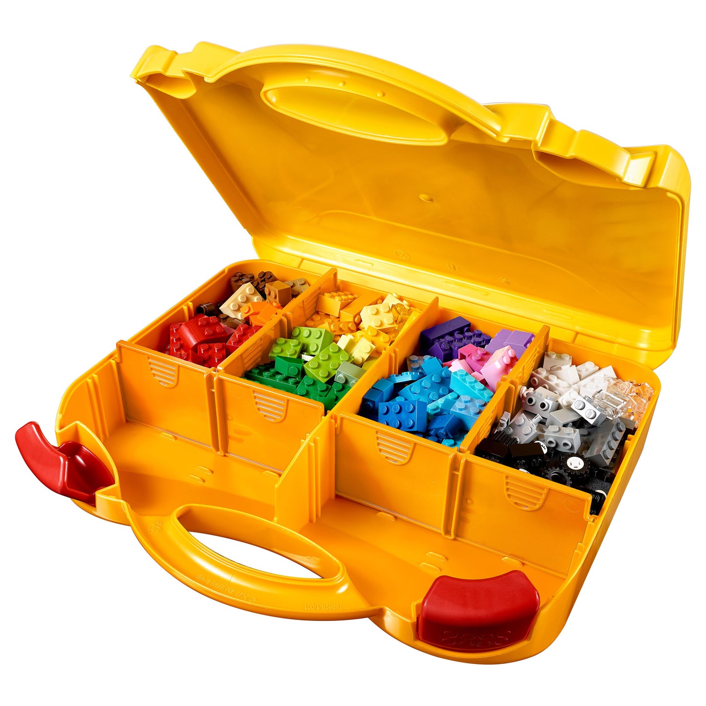The LEGO® Creative Suitcase - ONLINE ONLY stores sorted, colourful bricks and pieces in six yellow compartments.