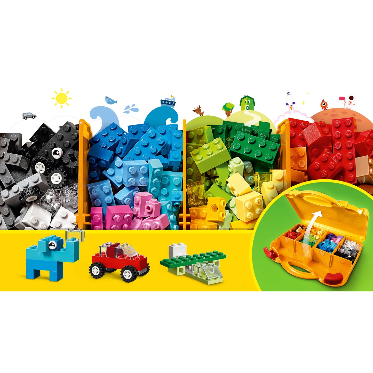 LEGO® Creative Suitcase - ONLINE ONLY with colourful LEGO bricks sorted in bins and small models in front.