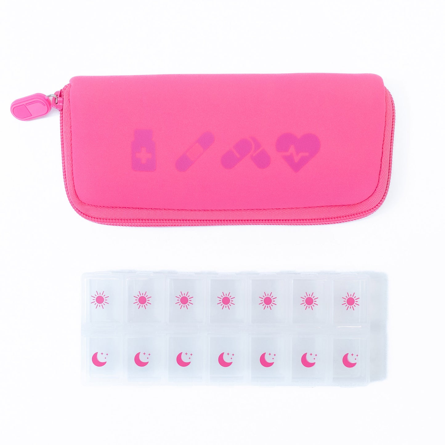 The MyTagAlongs Icons Vitamin Organizer is a pink pouch with health icons and a clear plastic weekly vitamin organizer beside.