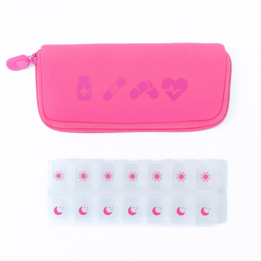 Product Image – The MyTagAlongs Icons Vitamin Organizer is a pink pouch with health icons and a clear plastic weekly vitamin organizer beside.