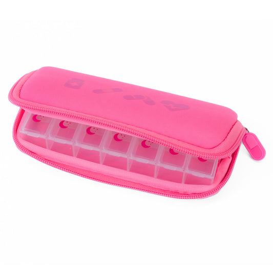 Product Image – MyTagAlongs Icons Vitamin Organizer in pink: portable case with clear compartments for vitamins on the go.