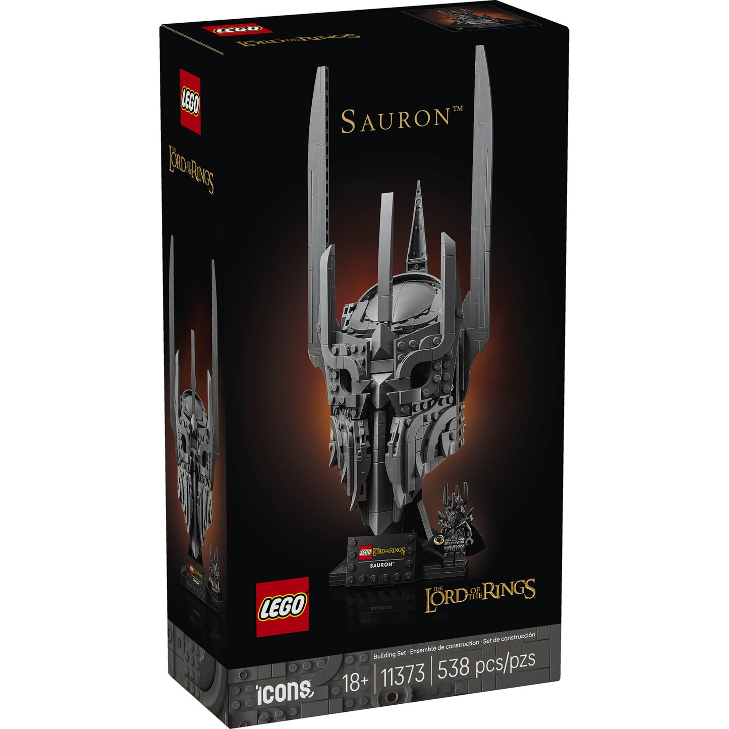 LEGO® The Lord of the Rings: Sauron's Helmet for adults, 538 pieces—online only, features black box design.
