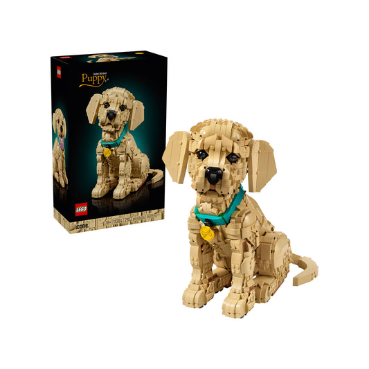 Product Image – The LEGO® Golden Retriever Puppy - ONLINE ONLY includes a posable pup with a teal collar next to its box.
