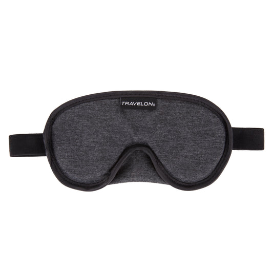 Product Image – Travelon Cooling Gel Eye Mask in gray with black strap, soothing tired eyes and blocking light.