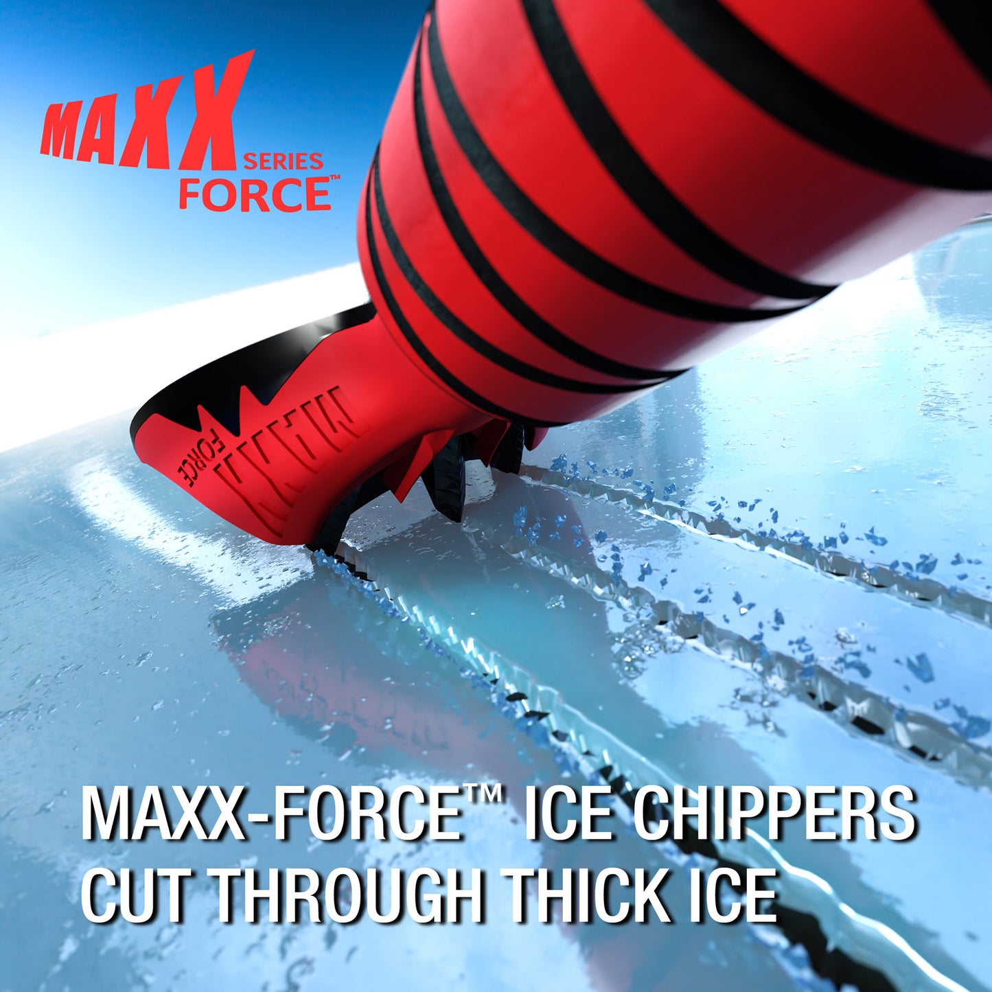 Close-up of the SubZero® MAXX-Force™ 60-inch Snowbroom cutting through thick ice on a windshield.