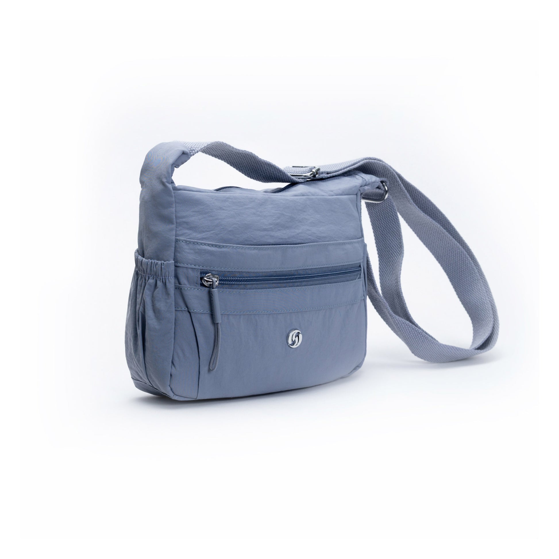 Miss Caprice Multi-zip Small Hobo Crossbody: light blue bag with multi pockets and adjustable strap, ideal for travel.