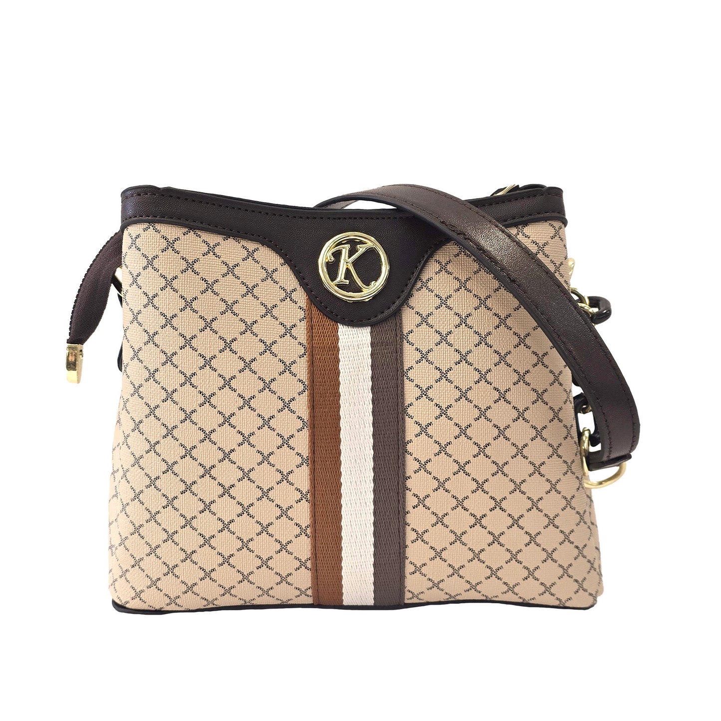 Miss Caprice Patterned Handbag in beige with brown/cream stripes, gold hardware, and 3 compartments.