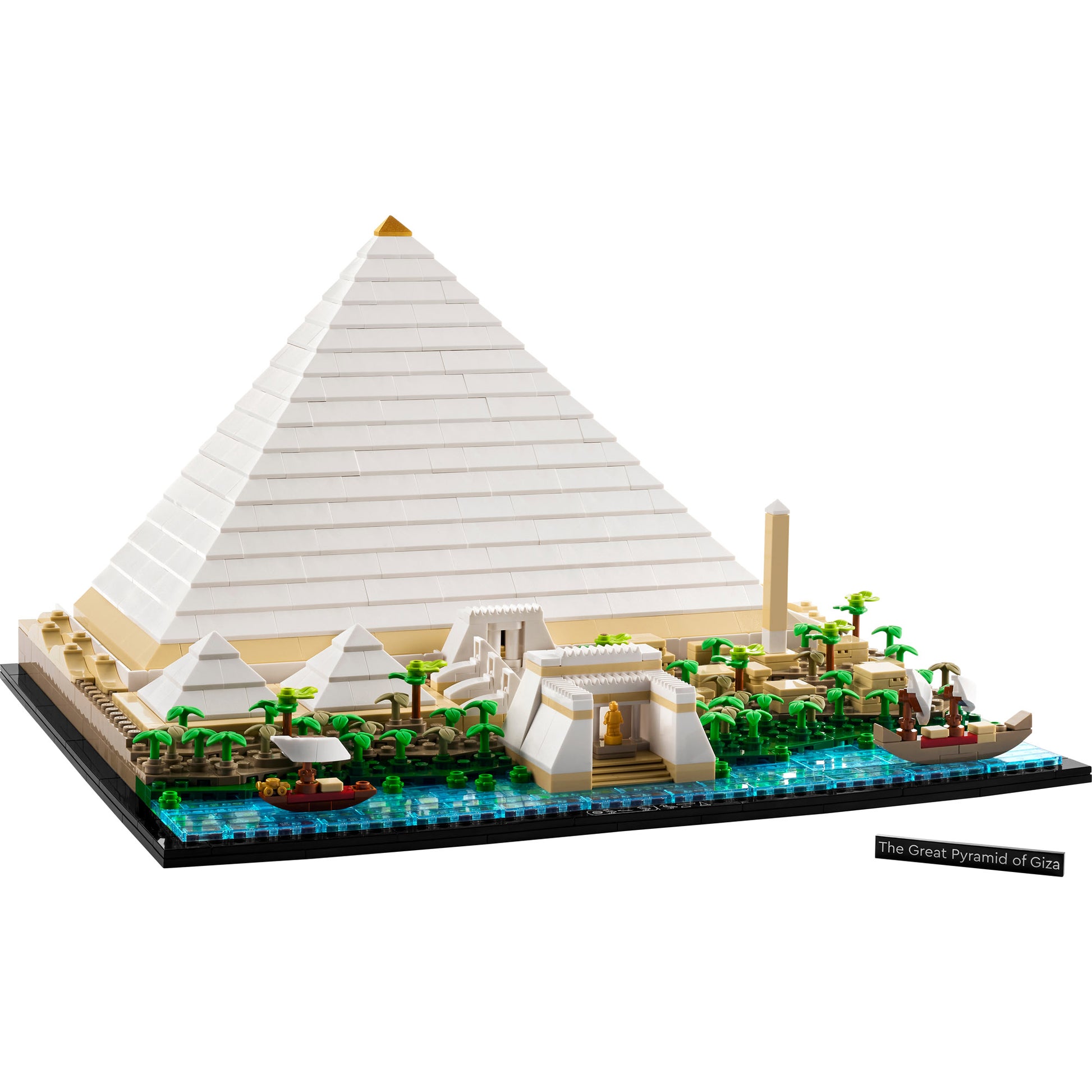 Build the LEGO® Great Pyramid of Giza - ONLINE ONLY set by LEGO, featuring boats and ancient details on a blue base.
