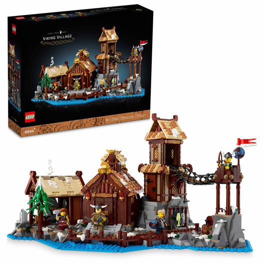 Product Image – LEGO® Viking Village - ONLINE ONLY set shown with box, includes Norse minifigures and themed accessories.
