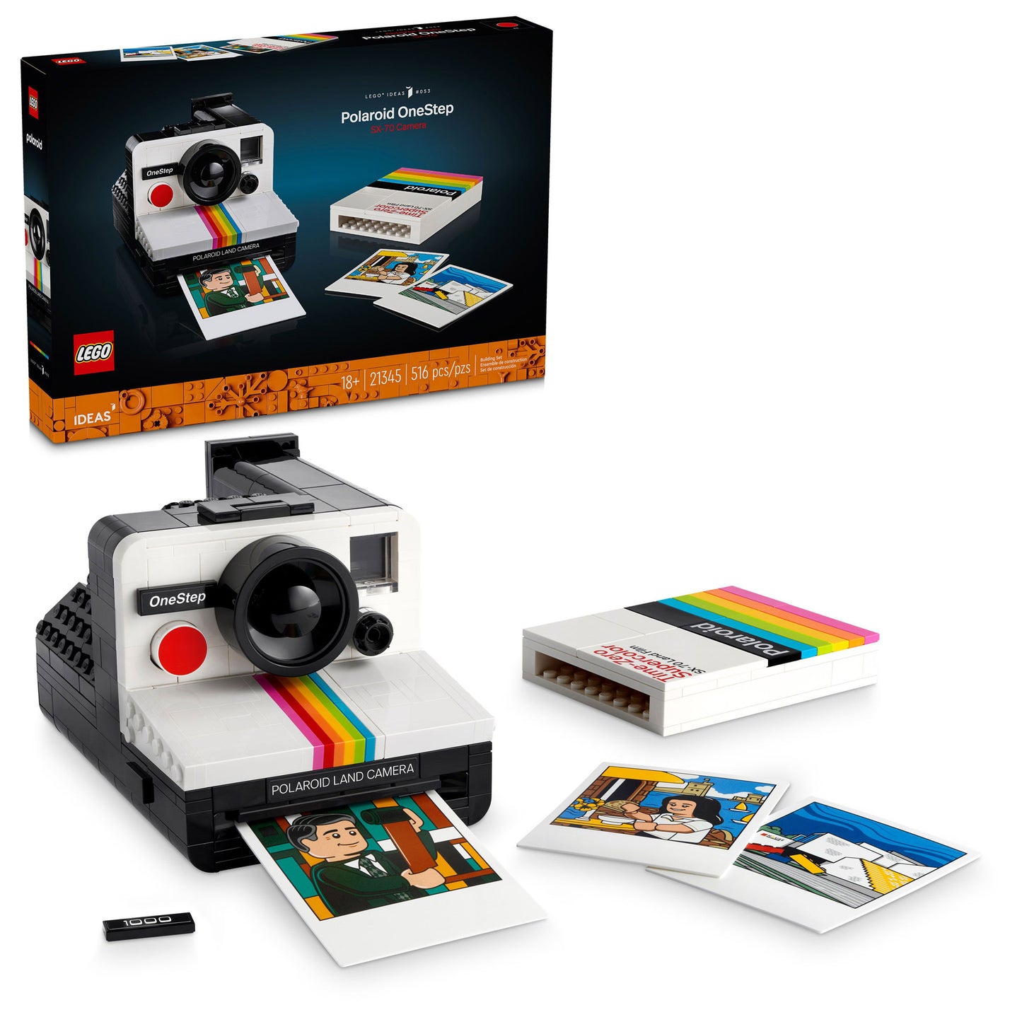 LEGO® Polaroid OneStep SX-70 Camera set includes box, camera model, photo tiles, and LEGO film pack.