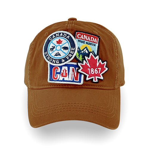 Northern Icons Canada Embroidery Badge Cap in rust orange colour with Canada patches on front.