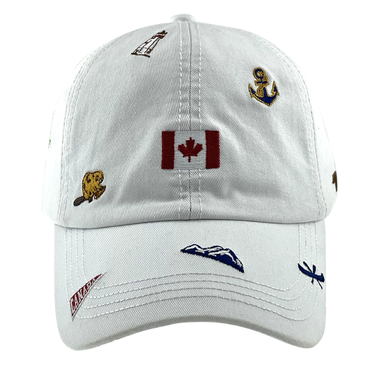 Product Image – Northern Icons Canada All-Over Embroidery Cap features flag, anchor, beaver, dragonfly & mountain images.